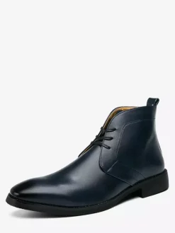 Mens Pointed-Toe Desert Boots Low Heel Leather Lace-Up Ankle Boots