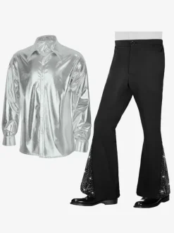 Men's Retro Silver Set Retro 70's Disco Rock Performance Dancing Wear