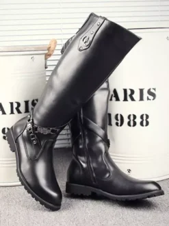 Men's Riding Boots Black Round Toe Buckle Detail Knee High Boots