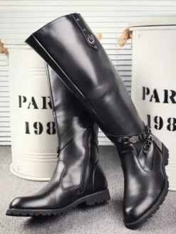 Men's Riding Boots Black Round Toe Buckle Detail Knee High Boots