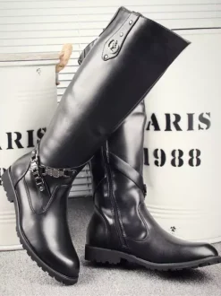 Men's Riding Boots Black Round Toe Buckle Detail Knee High Boots