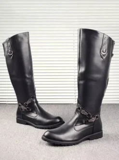 Men's Riding Boots Black Round Toe Buckle Detail Knee High Boots