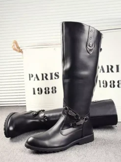 Men's Riding Boots Black Round Toe Buckle Detail Knee High Boots