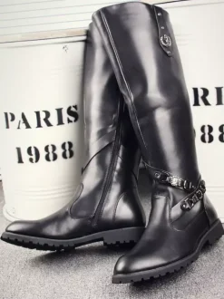 Men's Riding Boots Black Round Toe Buckle Detail Knee High Boots