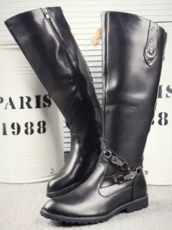 Men's Riding Boots Black Round Toe Buckle Detail Knee High Boots