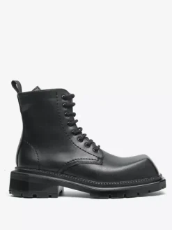 Mens Rigid Square Toe Dress Boots Leather Lace-Up Formal Footwear With Chunky Sole