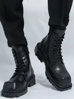 Mens Rigid Square Toe Dress Boots Leather Lace-Up Formal Footwear With Chunky Sole