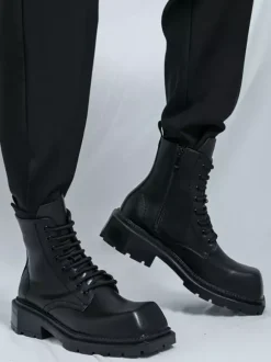 Mens Rigid Square Toe Dress Boots Leather Lace-Up Formal Footwear With Chunky Sole