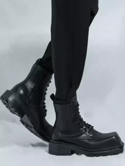 Mens Rigid Square Toe Dress Boots Leather Lace-Up Formal Footwear With Chunky Sole