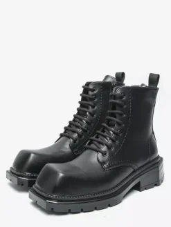 Mens Rigid Square Toe Dress Boots Leather Lace-Up Formal Footwear With Chunky Sole