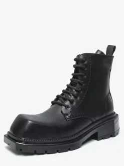 Mens Rigid Square Toe Dress Boots Leather Lace-Up Formal Footwear With Chunky Sole