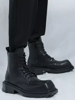 Mens Rigid Square Toe Dress Boots Leather Lace-Up Formal Footwear With Chunky Sole