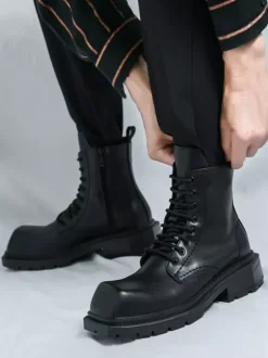 Mens Rigid Square Toe Dress Boots Leather Lace-Up Formal Footwear With Chunky Sole