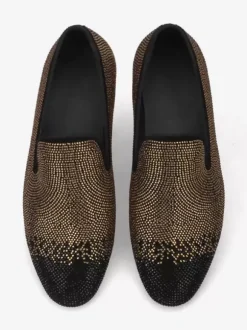 Mens Rivets Loafer Black& Silver Crystal Rhinestones Slipper Slip-On Round Toe Suede Upper Prom Party Wedding Shoes