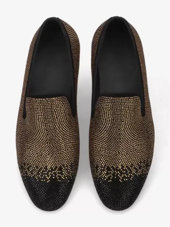 Mens Rivets Loafer Black& Silver Crystal Rhinestones Slipper Slip-On Round Toe Suede Upper Prom Party Wedding Shoes