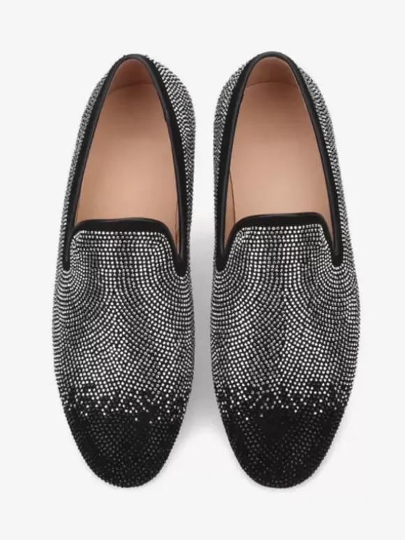 Mens Rivets Loafer Black& Silver Crystal Rhinestones Slipper Slip-On Round Toe Suede Upper Prom Party Wedding Shoes