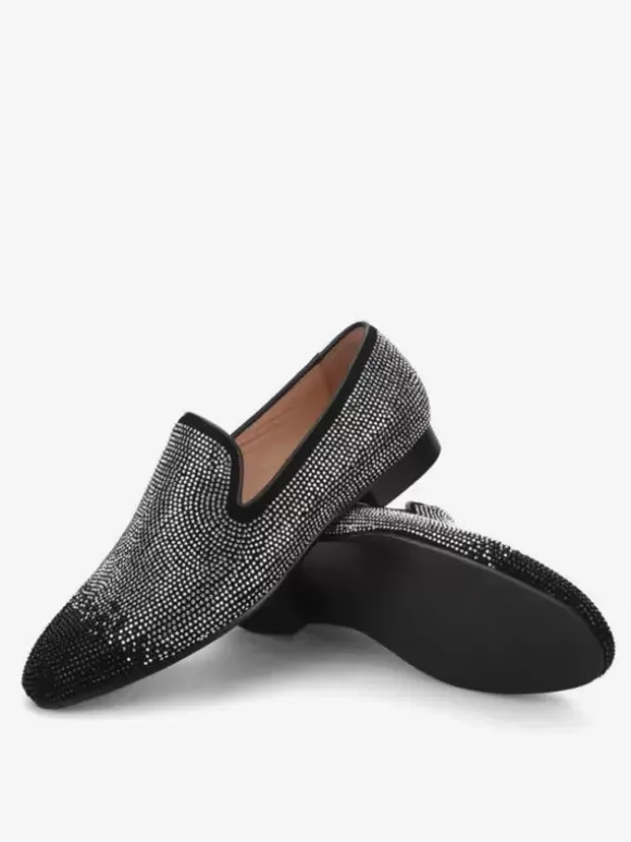 Mens Rivets Loafer Black& Silver Crystal Rhinestones Slipper Slip-On Round Toe Suede Upper Prom Party Wedding Shoes