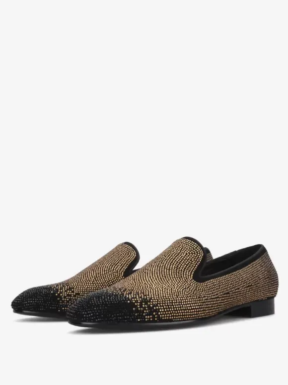 Mens Rivets Loafer Black& Silver Crystal Rhinestones Slipper Slip-On Round Toe Suede Upper Prom Party Wedding Shoes