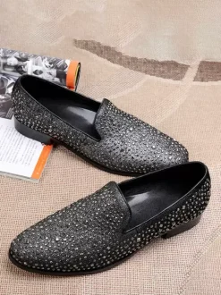 Men's Rivets Loafer Glitter Pointed Toe Leather Slip On Prom Wedding Shoes