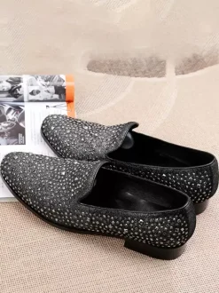 Men's Rivets Loafer Glitter Pointed Toe Leather Slip On Prom Wedding Shoes
