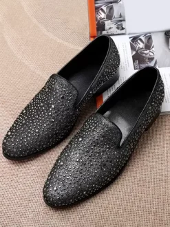 Men's Rivets Loafer Glitter Pointed Toe Leather Slip On Prom Wedding Shoes