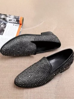 Men's Rivets Loafer Glitter Pointed Toe Leather Slip On Prom Wedding Shoes