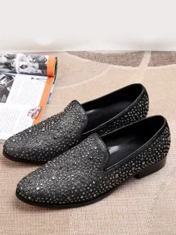 Men's Rivets Loafer Glitter Pointed Toe Leather Slip On Prom Wedding Shoes