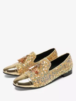 Mens Rivets Loafer Shoes Sequins Pointed Toe Cowhide Tassel Glitter Prom Wedding Shoes