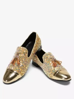 Mens Rivets Loafer Shoes Sequins Pointed Toe Cowhide Tassel Glitter Prom Wedding Shoes