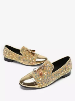 Mens Rivets Loafer Shoes Sequins Pointed Toe Cowhide Tassel Glitter Prom Wedding Shoes