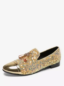 Mens Rivets Loafer Shoes Sequins Pointed Toe Cowhide Tassel Glitter Prom Wedding Shoes