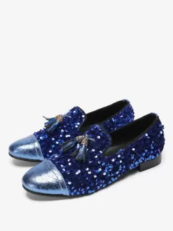 Men's Rivets Loafer Shoes Leather Sequins Slip On Tassel Prom Wedding Shoes