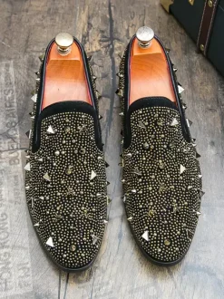 Mens Rivets Loafers Gold Rivets Dress Suede Leather Slip-On Formal Casual Wedding Party Shoes