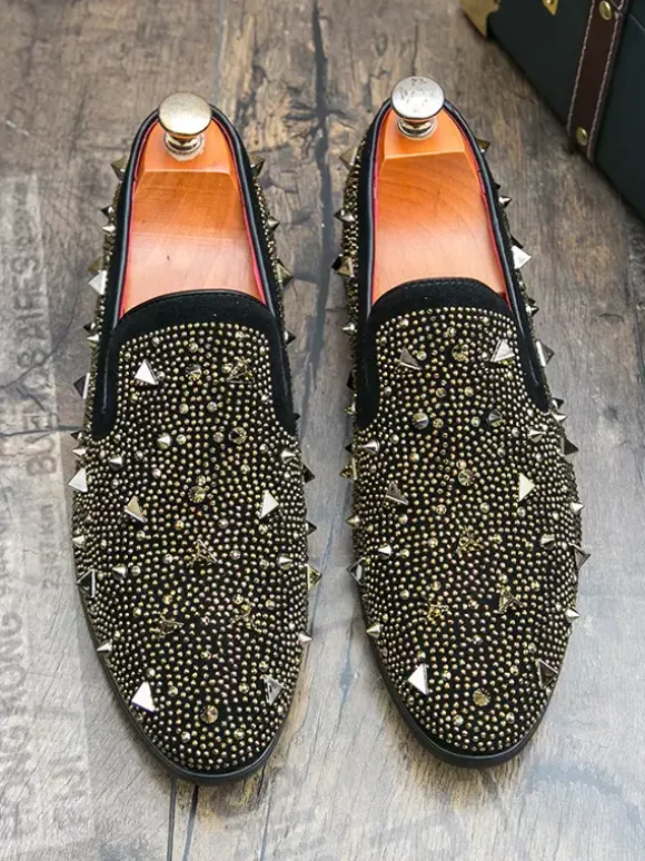 Mens Rivets Loafers Gold Rivets Dress Suede Leather Slip-On Formal Casual Wedding Party Shoes