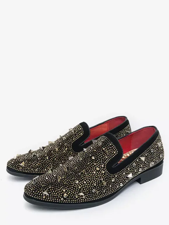Mens Rivets Loafers Gold Rivets Dress Suede Leather Slip-On Formal Casual Wedding Party Shoes