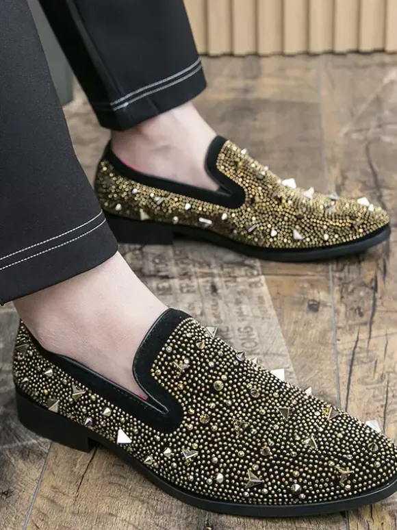 Mens Rivets Loafers Gold Rivets Dress Suede Leather Slip-On Formal Casual Wedding Party Shoes