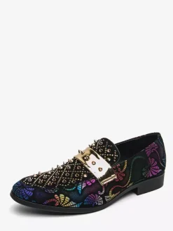 Mens Rivets Loafers Splice Printing Suede Penny Shoes Round Toe Low Heels Prom Shoes