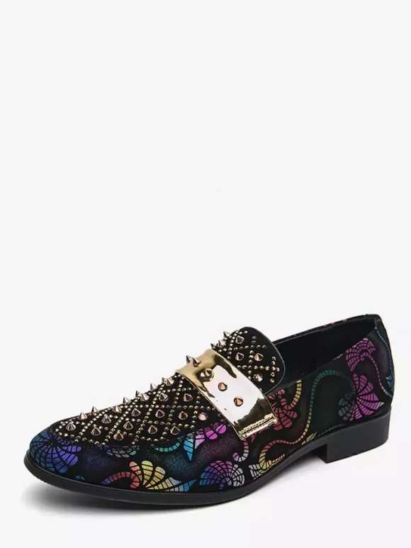 Mens Rivets Loafers Splice Printing Suede Penny Shoes Round Toe Low Heels Prom Shoes