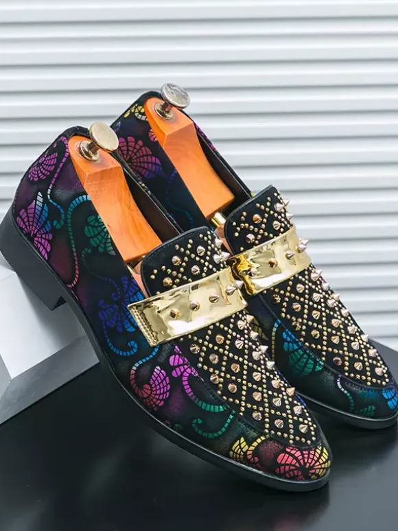 Mens Rivets Loafers Splice Printing Suede Penny Shoes Round Toe Low Heels Prom Shoes