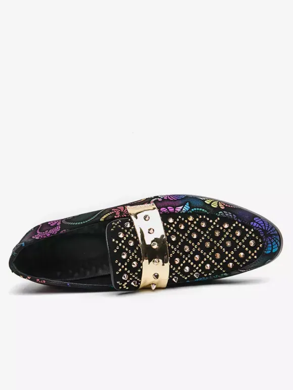 Mens Rivets Loafers Splice Printing Suede Penny Shoes Round Toe Low Heels Prom Shoes