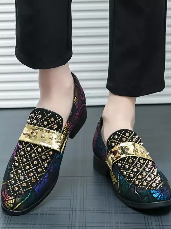 Mens Rivets Loafers Splice Printing Suede Penny Shoes Round Toe Low Heels Prom Shoes