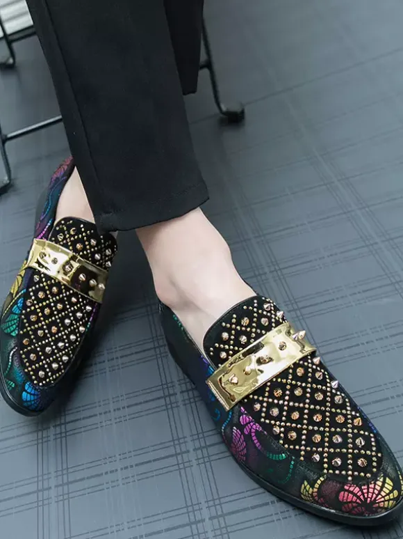 Mens Rivets Loafers Splice Printing Suede Penny Shoes Round Toe Low Heels Prom Shoes