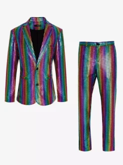 Mens Sequin Blazer Metallic Slim Suit 2 Piece Set Disco Prom Shiny Outfits Wedding Party Banquet Fashion Jacket And Pants