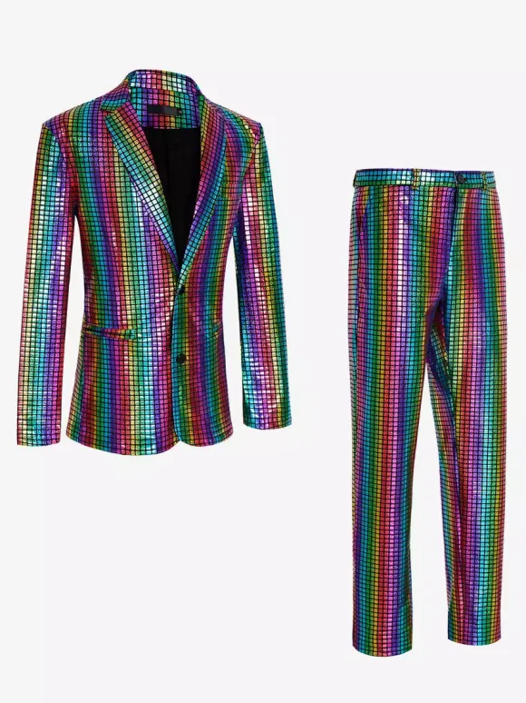 Mens Sequin Blazer Metallic Slim Suit 2 Piece Set Disco Prom Shiny Outfits Wedding Party Banquet Fashion Jacket And Pants