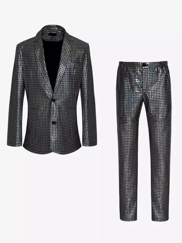 Mens Sequin Blazer Metallic Slim Suit 2 Piece Set Disco Prom Shiny Outfits Wedding Party Banquet Fashion Jacket And Pants