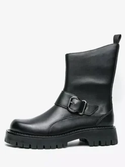 Mens Short Boots Chunky Sole Steel Buckle Leather Shoes With Anti-Slip Tread Casual Rugged Footwear