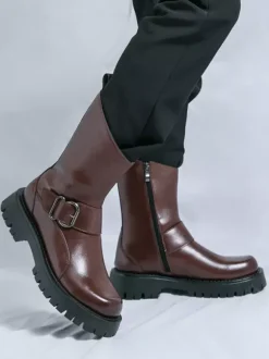 Mens Short Boots Chunky Sole Steel Buckle Leather Shoes With Anti-Slip Tread Casual Rugged Footwear