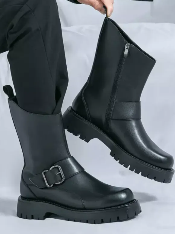 Mens Short Boots Chunky Sole Steel Buckle Leather Shoes With Anti-Slip Tread Casual Rugged Footwear