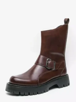 Mens Short Boots Chunky Sole Steel Buckle Leather Shoes With Anti-Slip Tread Casual Rugged Footwear