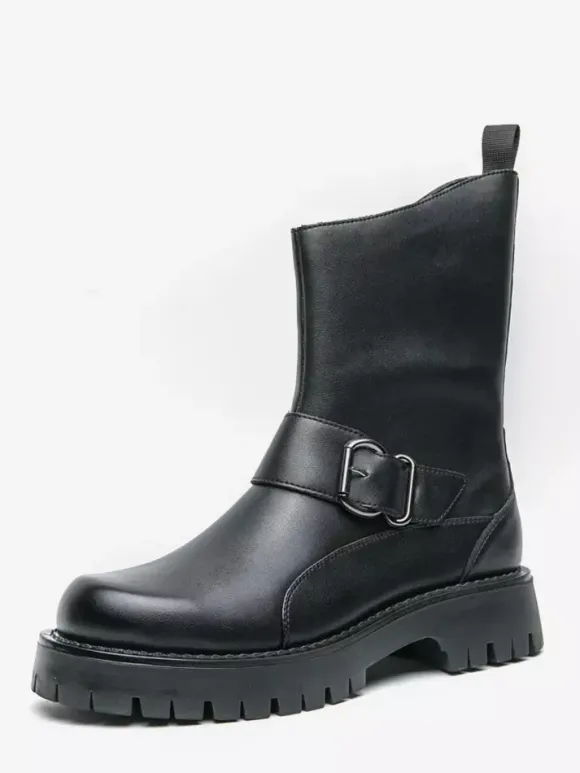 Mens Short Boots Chunky Sole Steel Buckle Leather Shoes With Anti-Slip Tread Casual Rugged Footwear